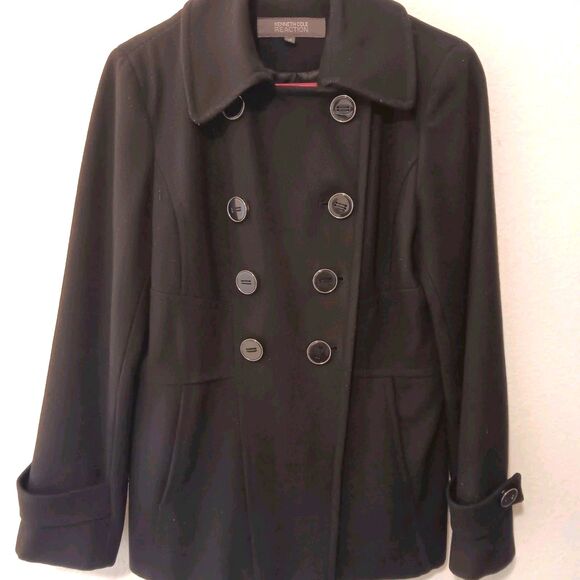 Kenneth Cole Reaction Black Wool Blend Double Breasted Peacoat Women's Sz 10 - Picture 2 of 13